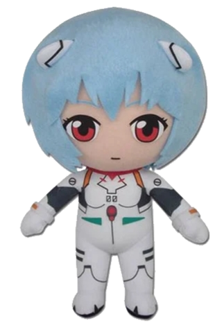 an image of a chibi style plushie of Rei Ayanami, a blue haired anime character with large red eyes and a white full body suit. This image is a link to return to the main homepage.